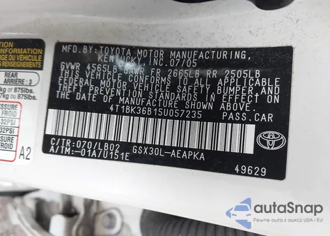 2005 Toyota Avalon Limited z USA, uszkodzony, nr VIN 4T1BK36B15U057235